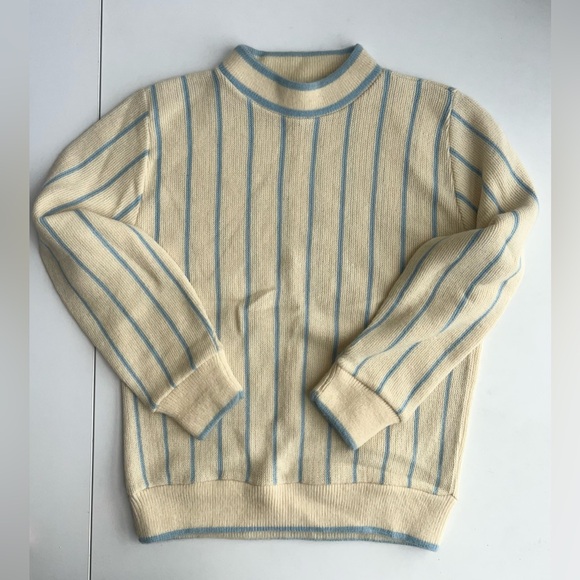 Vintage 60s Mod Sweater | Cream + Baby Blue Striped | Orion Acrylic - Picture 7 of 9